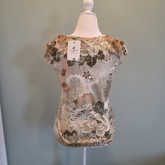 Caribbean Joe Floral Print Cap Sleeve Top Size M - Picture 8 of 12
